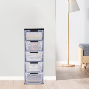 Closet Organizer Storage Drawers, Medium Stationary 5-Drawer with Four Wheels, Plastic Drawer Organizer with Clear Doors for Pantry, Closet, Desk, Home and Office De-Clutter, Shoes and Crafts