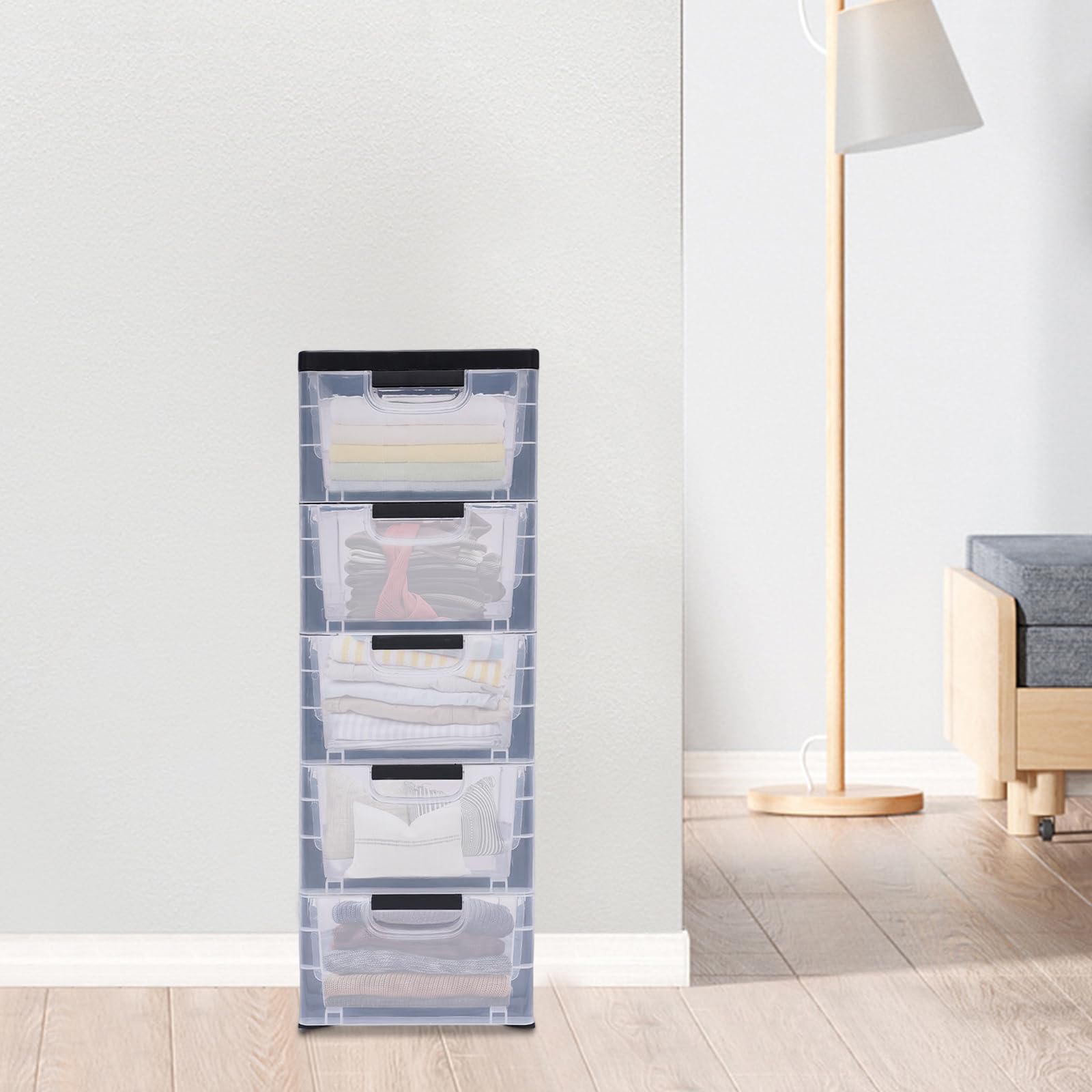 Closet Organizer Storage Drawers, Medium Stationary 5-Drawer with Four Wheels, Plastic Drawer Organizer with Clear Doors for Pantry, Closet, Desk, Home and Office De-Clutter, Shoes and Crafts