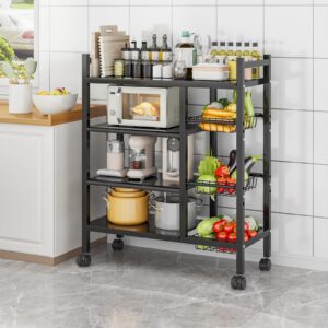 vzone storage shelves, adjustable 4-tier kitchen organizers and storage with 4 wire baskets, metal shelf rack with wheels for kitchen, pantry, bathroom, garage – ideal for kitchen shelves