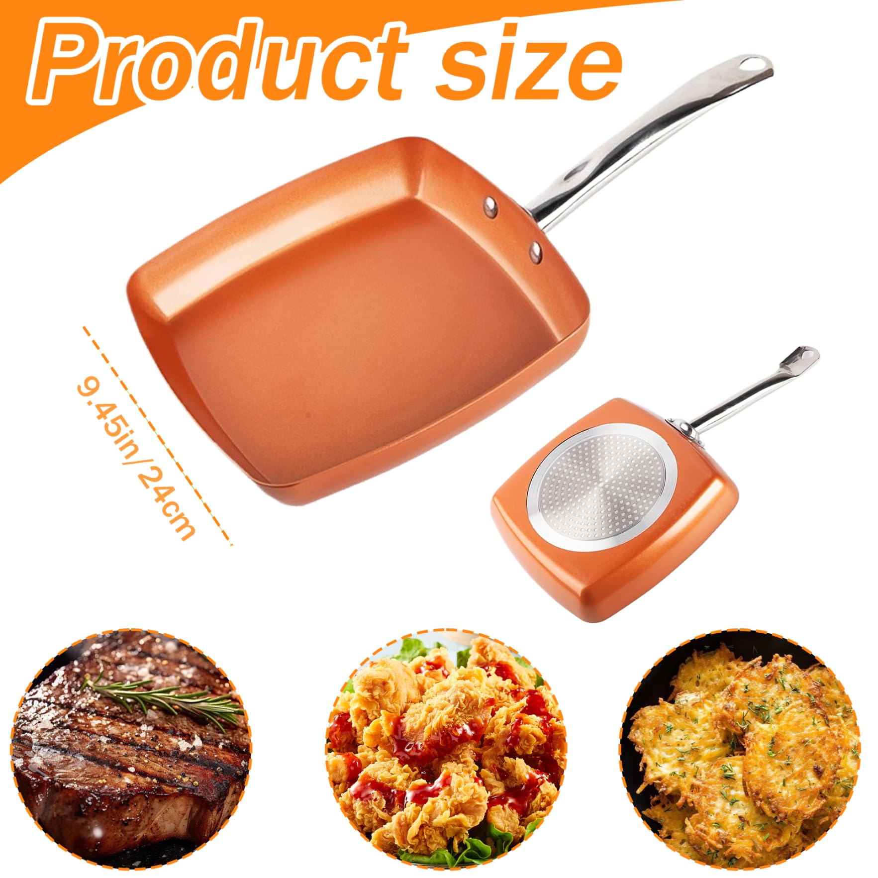 XJKLBYQ Square Frying Pan 9.5'' Square Skillet Non Stick Induction Frying Pan with Stainless Steel Handle Cooking Pan Dishwasher and Oven Safe for Quickly Even Heating, Square Frying Pan