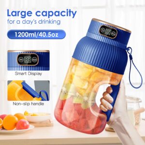 Portable Juicer Blender, Multifunctional Portable Juicer Cup with Digital Display, 40 Oz BPA Free Smoothie Blender Cup To Go, USB Rechargeable Electric Blender for Kitchen/Home/Travel - Blue