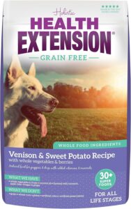 health extension grain free venison & sweet potato dry dog food (4 lb / 1.81 kg) - lean protein formula for dogs with poultry allergies & sensitive stomachs