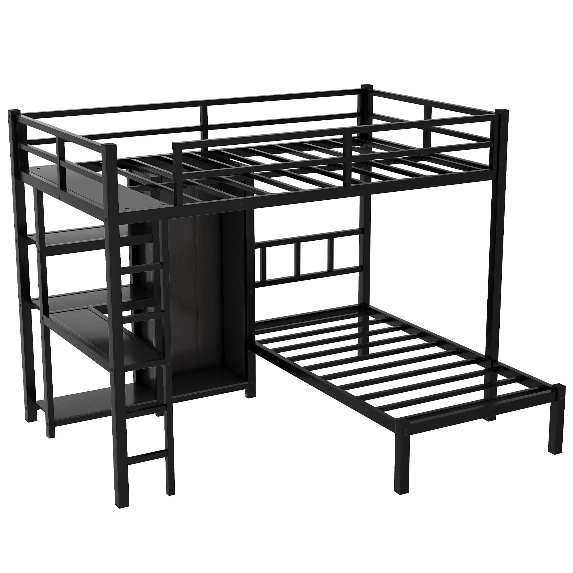 Full XL Over Twin Bunk Bed with Desk and Storage Shelf, Heavy Duty Bunk Bed with Wardrobe and Guardrail, Full XL Over Twin Bunk Bed for Teens, Kids, L-Shaped Bunk Bed Balck