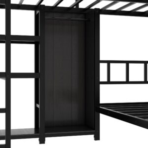 Full XL Over Twin Bunk Bed with Desk and Storage Shelf, Heavy Duty Bunk Bed with Wardrobe and Guardrail, Full XL Over Twin Bunk Bed for Teens, Kids, L-Shaped Bunk Bed Balck