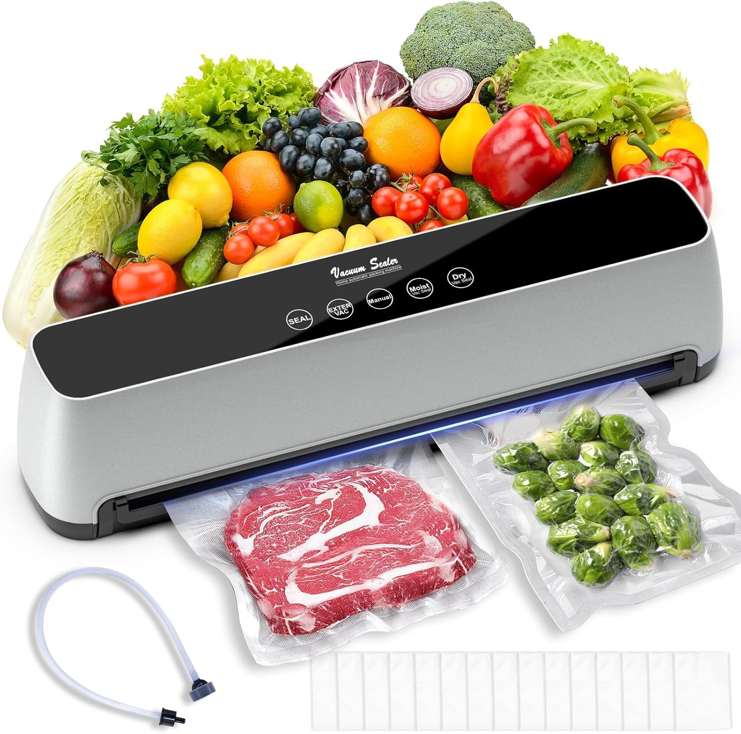 Vacuum Sealer, 80 Kpa One-Touch Full Automatic Vacuum Sealer with LED Touch Screen Indicator Lights, 15 Seal Bags & 1 Air Suction Hose, Air Sealing System for Food Storage Dry/Moist Modes