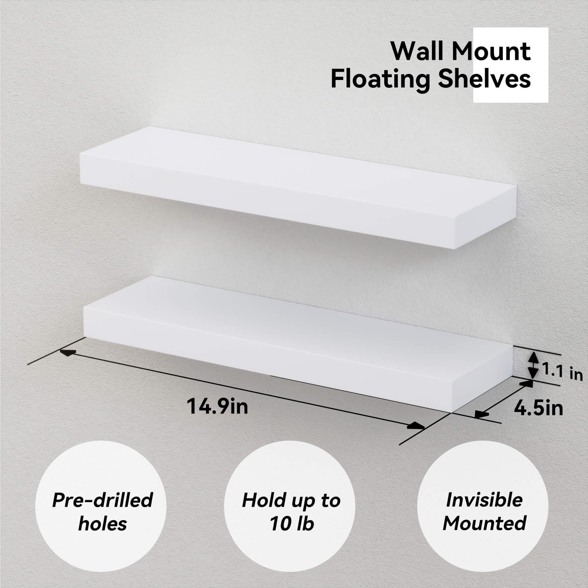 Boswillon 14.9 in White Floating Shelves Set of 2, Wall Mounted Small Shelves, Modern Hanging Shelf for Wall Decor, Display Wall Storage Shelves for Living Room, Bedroom, Bathroom, Kitchen - White