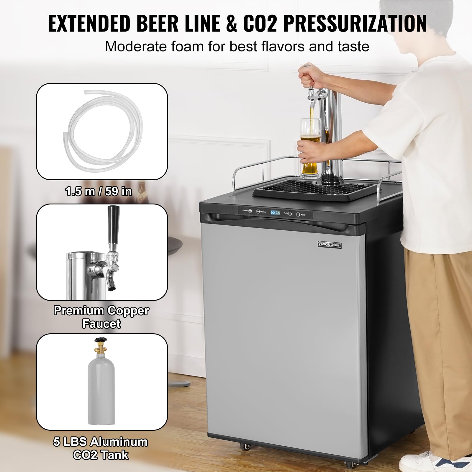 VEVOR Beer Kegerator, Single Tap Draft Beer Dispenser, Full Size Keg Refrigerator With Shelf, CO2 Tank(No Gas), Drip Tray & Rail, 23°F- 82.4°F Temperature Control, 162L, Silver