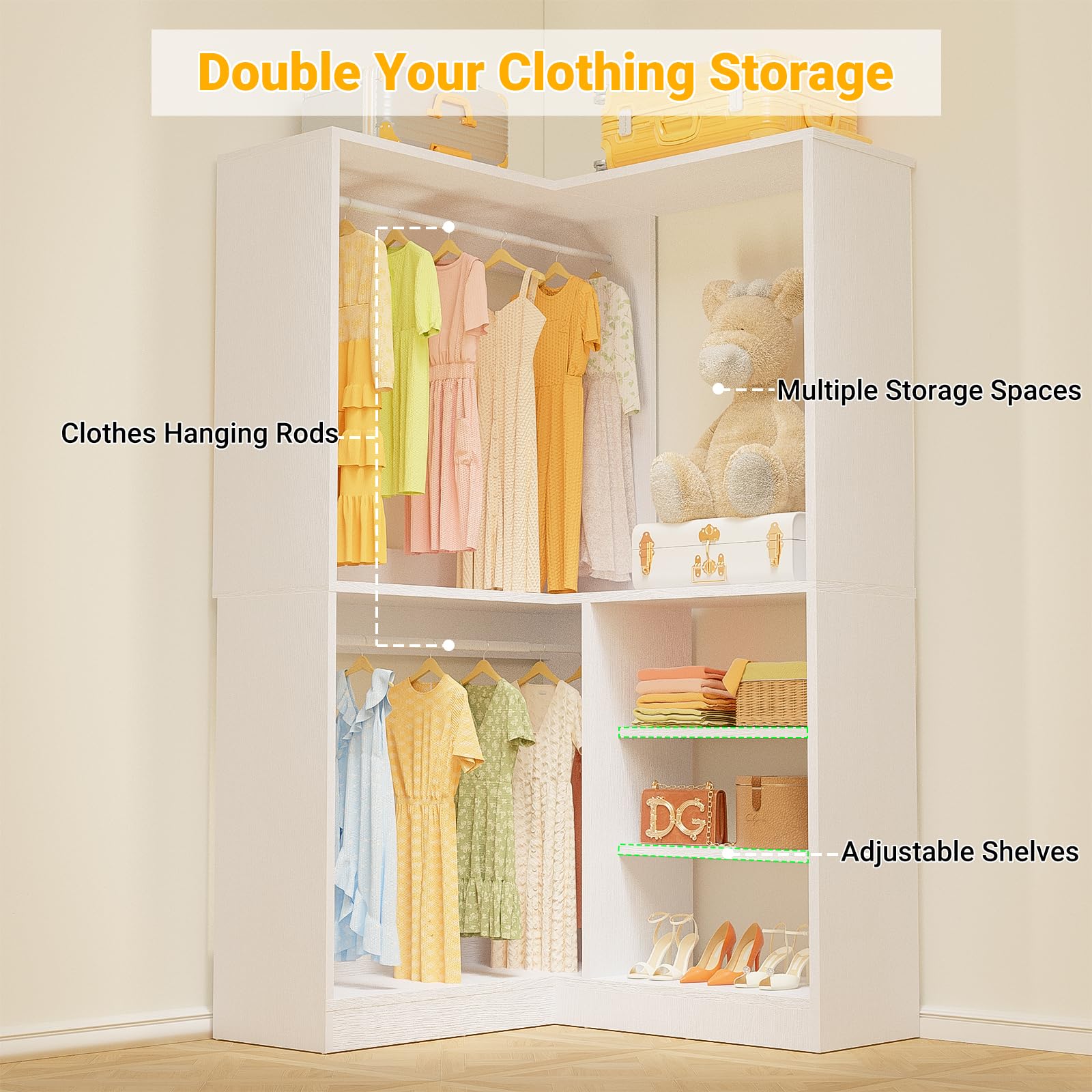 Unikito Corner Closet System, 36 Inch Large Freestanding Closet Organizer System with 2 Hanging Rods and Storage Shelves, Sturdy Walk in Closet Tower, 36" W x 36" D x 80" H, White