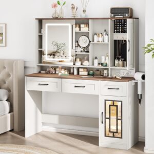 Maupvit Vanity Desk with Mirror and Lights, Makeup Table with Drawers & Jewelry Cabinet, Large Vanity with Storage, Bedroom Dressing Table (White)