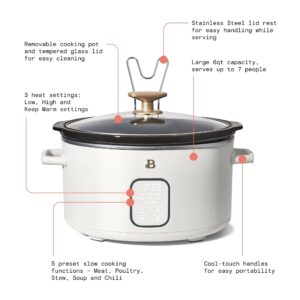 Beautiful 6 Qt Programmable Slow Cooker by Drew Barrymore - 5 Preset Cooking Functions, Digital Countdown Timer, Dishwasher-Safe Parts, and Cool-Touch Handles (White Icing)