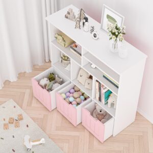 GarveeHome Toy Storage Organizer Kids Bookcase with 3 Movable Drawers Toy Storage Cabinet with Hidden Wheels Multifunctional Storage Chest for Playroom,Nursery and Bedroom, Pink