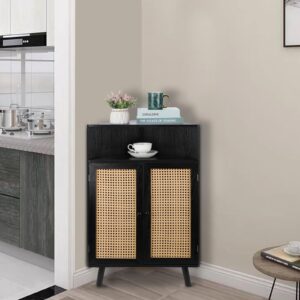 ZYBT Rattan Corner Storage Cabinet, 4-Tier Cabinet with 2 Rattan Doors, Small Wood Corner Table Bar Cabinet, Small Space Freestanding Corner Shelf Stand for Living Room, Bedroom, Kitchen (Black)