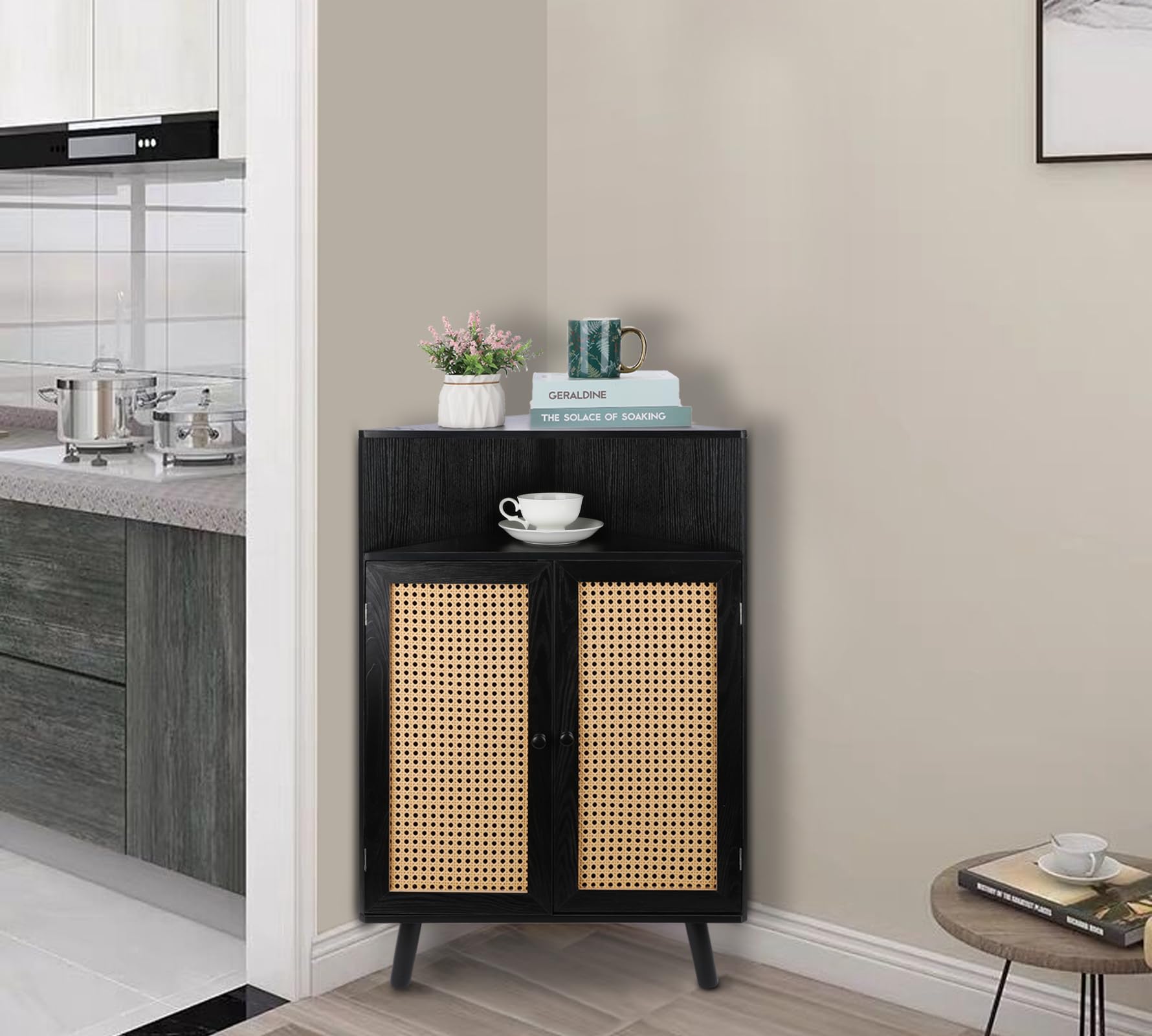 ZYBT Rattan Corner Storage Cabinet, 4-Tier Cabinet with 2 Rattan Doors, Small Wood Corner Table Bar Cabinet, Small Space Freestanding Corner Shelf Stand for Living Room, Bedroom, Kitchen (Black)