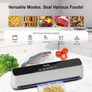 Vacuum Sealer, 80 Kpa One-Touch Full Automatic Vacuum Sealer with LED Touch Screen Indicator Lights, 15 Seal Bags & 1 Air Suction Hose, Air Sealing System for Food Storage Dry/Moist Modes