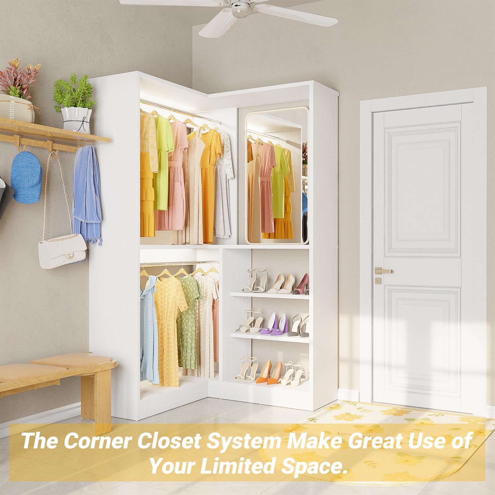 Unikito Corner Closet System, 36 Inch Large Freestanding Closet Organizer System with 2 Hanging Rods and Storage Shelves, Sturdy Walk in Closet Tower, 36" W x 36" D x 80" H, White