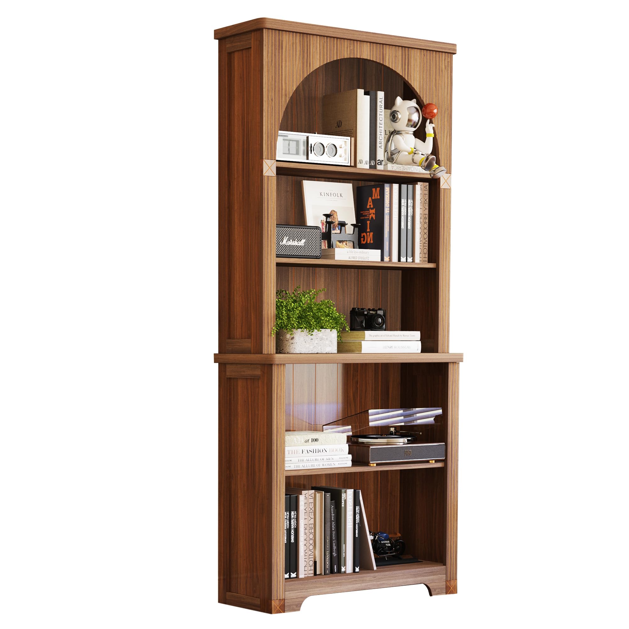 Janmer Home 71" Tall Narrow Bookshelf, Modern 5-Tier Arched Bookshelf, Arched Narrow Bookcase with Open Display Storage Shelf for Office, Living Room (Walnut, 71inch 1pcs)