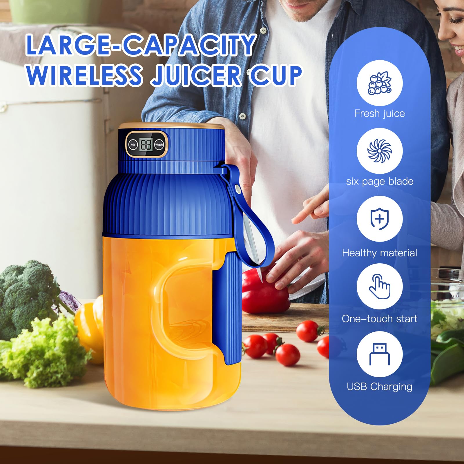 Portable Juicer Blender, Multifunctional Portable Juicer Cup with Digital Display, 40 Oz BPA Free Smoothie Blender Cup To Go, USB Rechargeable Electric Blender for Kitchen/Home/Travel - Blue