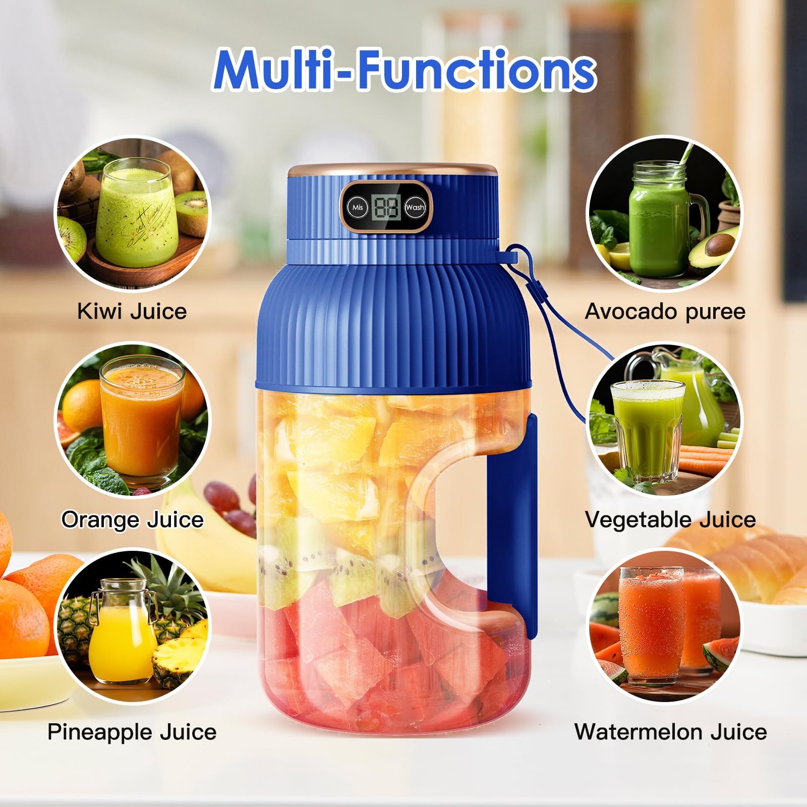 Portable Juicer Blender, Multifunctional Portable Juicer Cup with Digital Display, 40 Oz BPA Free Smoothie Blender Cup To Go, USB Rechargeable Electric Blender for Kitchen/Home/Travel - Blue