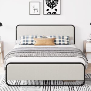 garveehome full bed frame with headboard, upholstered bed frame full with silent foam strip, 10.2 inch h storage space, metal bed frame full size, no box spring needed, beige