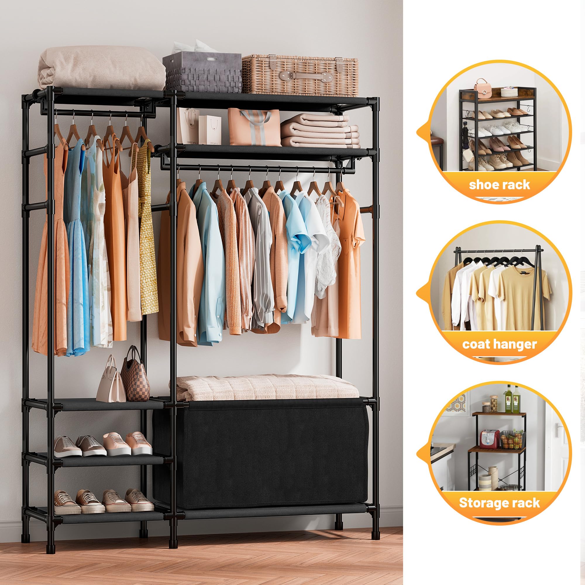 Raybee Clothes Rack, Clothing Racks for Hanging Clothes with Large Storage Bag, Garment Rack for Bedroom, Entryway and Walk-in closet, 16.2" D x 42" W x 67.5" H, Black