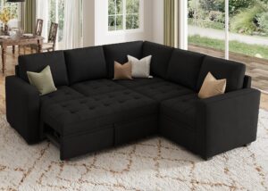 honbay modular sectional sleeper sofa with pull out bed, velvet convertible l shaped sectional couch with storage seat, sectional couches for living room, balck