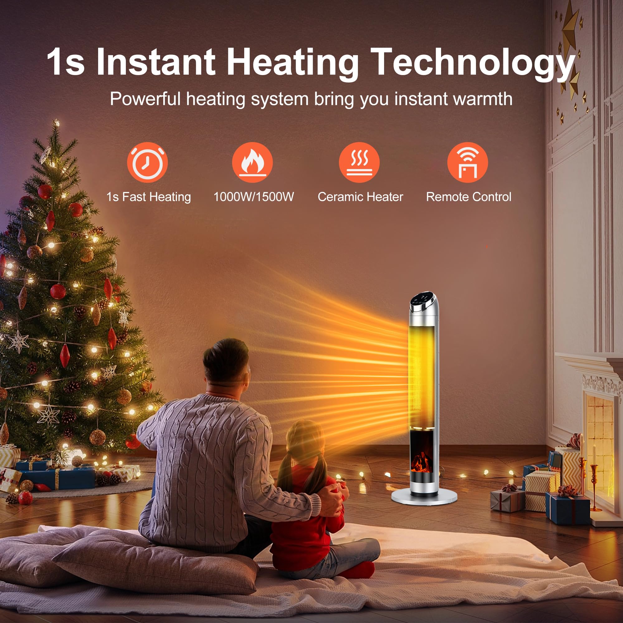 38" Space Heater for Large Room, 1500W Electric Fireplace Heaters Indoor Use with Thermostat, 500 sq ft Ceramic Heater for Bedroom, 80° Oscillating Tower Heater Fan with Remote & 24H Timer Silver