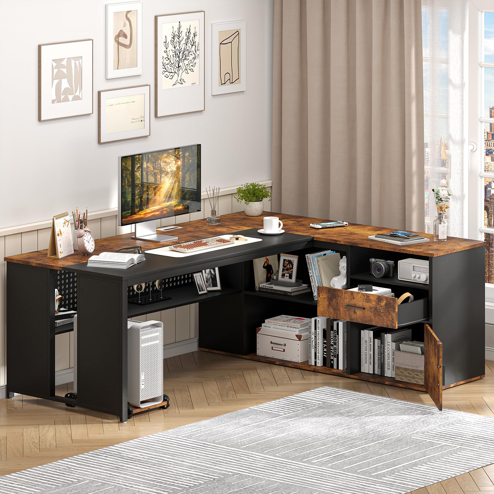 YOMILUVE 71 Inch Executive Desk with Storage Shelves, Industrial L-Shaped Desk with Cabinet Storage & Drawer, Home Office Desk Business Furniture, Rustic Brown & Black