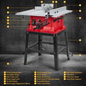 10 Inch Table Saw With Stand, 15A 5000RPM Portable Benchtop Table Saw, 90°Cross Cut & 0-45°Bevel Cut Portable Table Saw with Dust Collector for Diy Woodworking, Adjustable Blade Height, Red