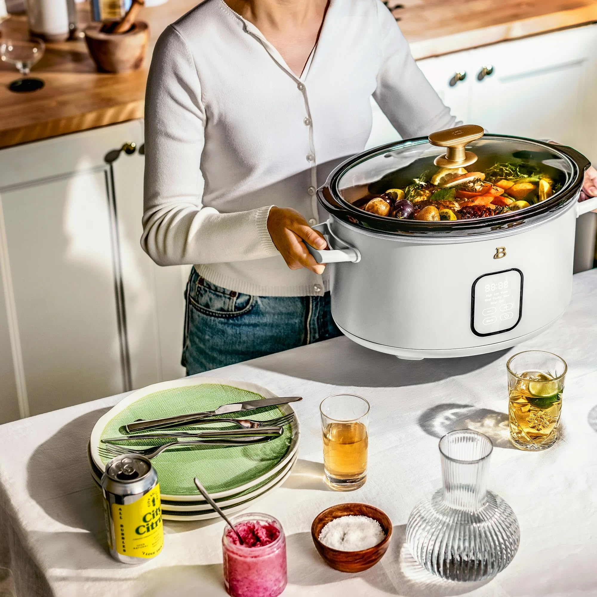 Beautiful 6 Qt Programmable Slow Cooker by Drew Barrymore - 5 Preset Cooking Functions, Digital Countdown Timer, Dishwasher-Safe Parts, and Cool-Touch Handles (White Icing)