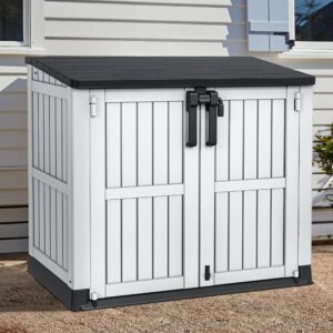 yitahome light gray resin tool shed, 36 cu ft waterproof outdoor horizontal storage, weather-resistant utility shed with air vent for trash and lockable doors, garden tools