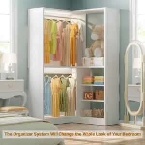 Unikito Corner Closet System, 36 Inch Large Freestanding Closet Organizer System with 2 Hanging Rods and Storage Shelves, Sturdy Walk in Closet Tower, 36" W x 36" D x 80" H, White