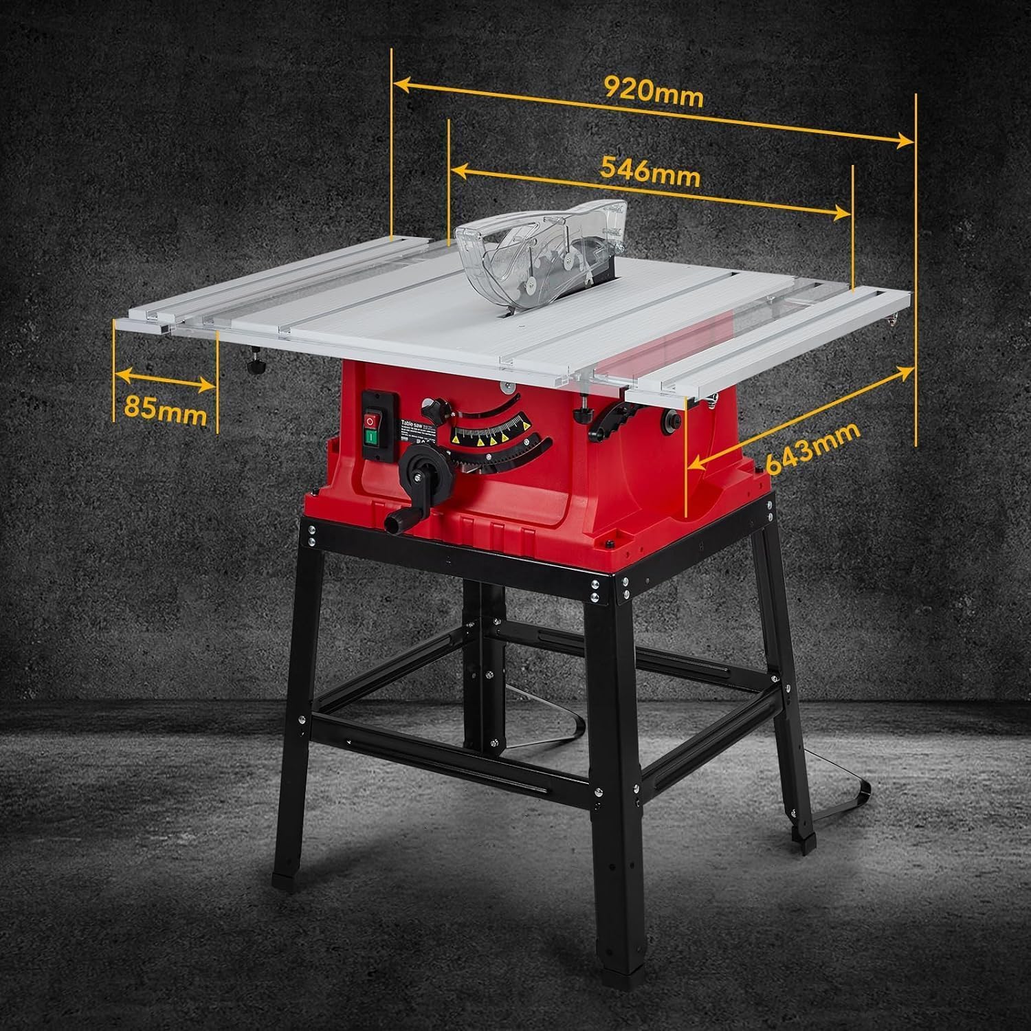 10 Inch Table Saw With Stand, 15A 5000RPM Portable Benchtop Table Saw, 90°Cross Cut & 0-45°Bevel Cut Portable Table Saw with Dust Collector for Diy Woodworking, Adjustable Blade Height, Red