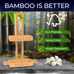 SereneLife Bamboo Hanging Shower Caddy with 2 Tiers, Anti-Slip Design for Bathroom Essentials, Self-Draining Shelves for Easy Organization