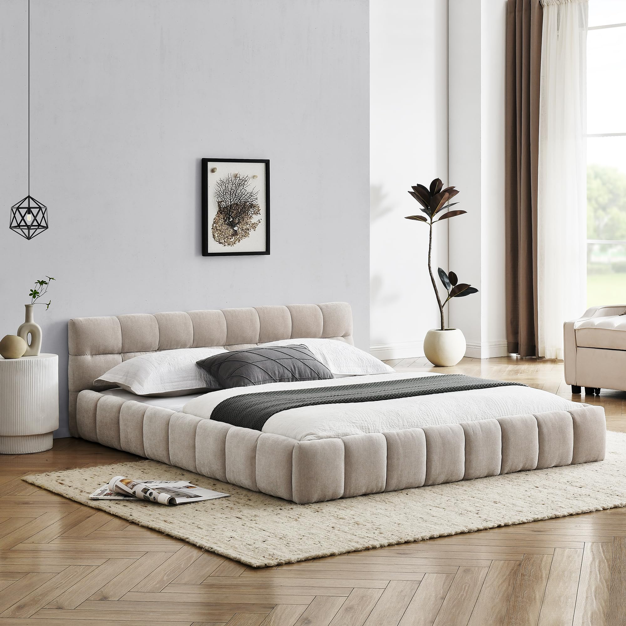 DEINPPA Queen Modern Bed, Chenille Upholstered Platform Bed with Cloud Soft Headboard, Grounded Upholstered Wood Base Platform Bed, Italian Style Modern Beds-Beige