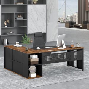 YOMILUVE 71 Inch Executive Desk with Storage Shelves, Industrial L-Shaped Desk with Cabinet Storage & Drawer, Home Office Desk Business Furniture, Rustic Brown & Black