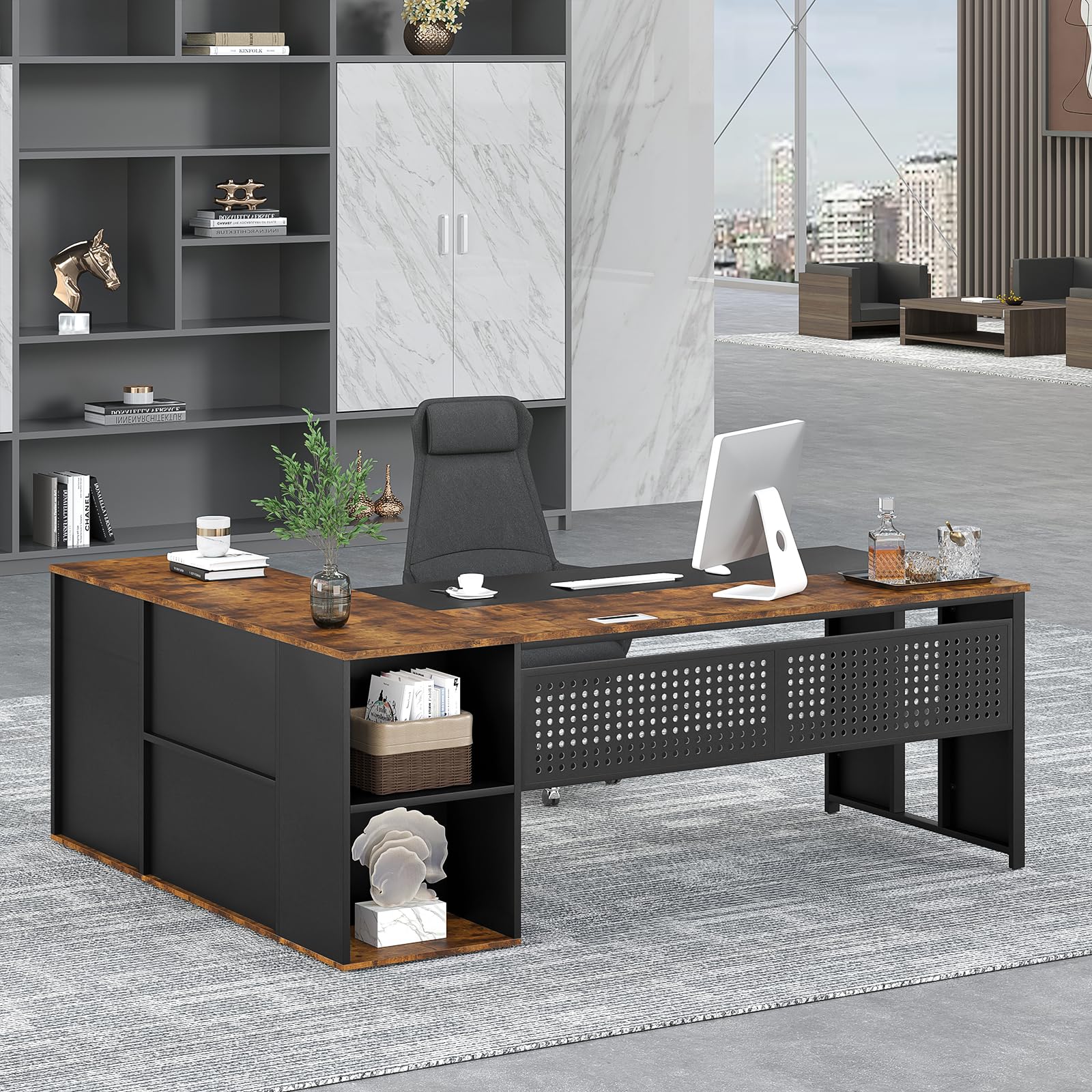 YOMILUVE 71 Inch Executive Desk with Storage Shelves, Industrial L-Shaped Desk with Cabinet Storage & Drawer, Home Office Desk Business Furniture, Rustic Brown & Black