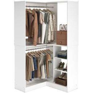 unikito corner closet system, 36 inch large freestanding closet organizer system with 2 hanging rods and storage shelves, sturdy walk in closet tower, 36" w x 36" d x 80" h, white