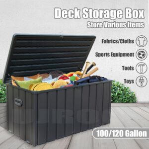 UJROQI 100 Gallon Deck Box Outside Storage Box, Lockable Storage Deck Boxes Waterproof Large Metal&Resin Deck Box with Rollers for Garden Tools Patio Cushions and Pool Supplies, Dark Grey