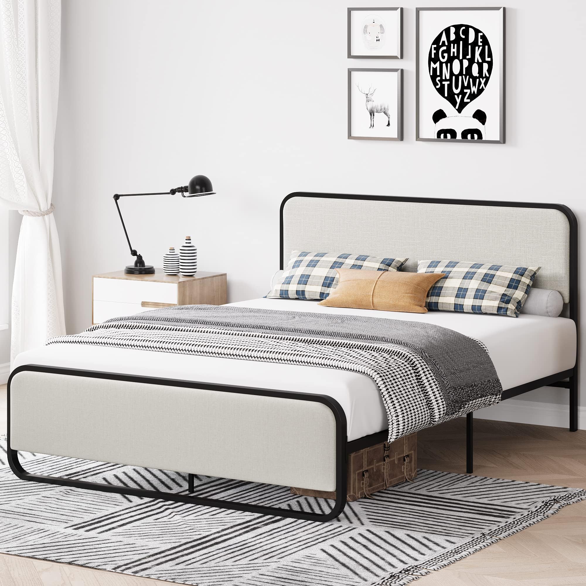 GarveeHome Full Bed Frame with Headboard, Upholstered Bed Frame Full with Silent Foam Strip, 10.2 Inch H Storage Space, Metal Bed Frame Full Size, No Box Spring Needed, Beige