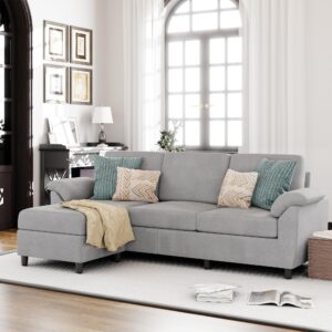 vongrasig 79" convertible sectional sofa couch, 3 seat l shaped sofa with removable pillows linen fabric small couch mid century for living room, apartment and office (light grey)