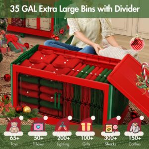 Fangtueh 140GAL Christmas Storage Bins with Lid and Wheels, Large Christmas Storage Totes with Lid, Stackable Christmas Storage Containers for Ornament, Holiday Decoration Red and Green Totes, 4 Pack