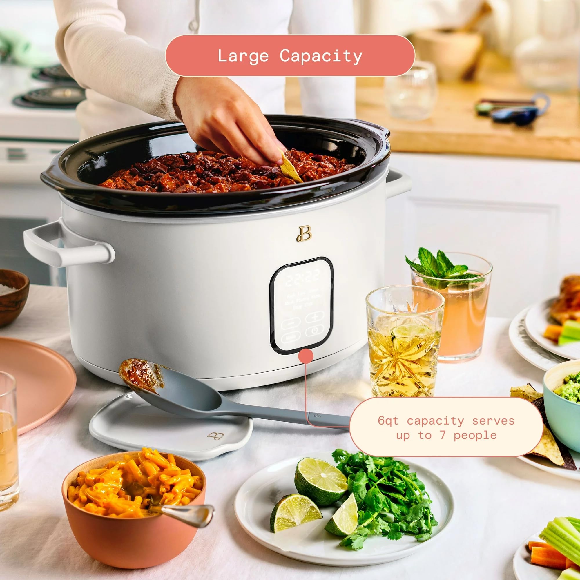 Beautiful 6 Qt Programmable Slow Cooker by Drew Barrymore - 5 Preset Cooking Functions, Digital Countdown Timer, Dishwasher-Safe Parts, and Cool-Touch Handles (White Icing)