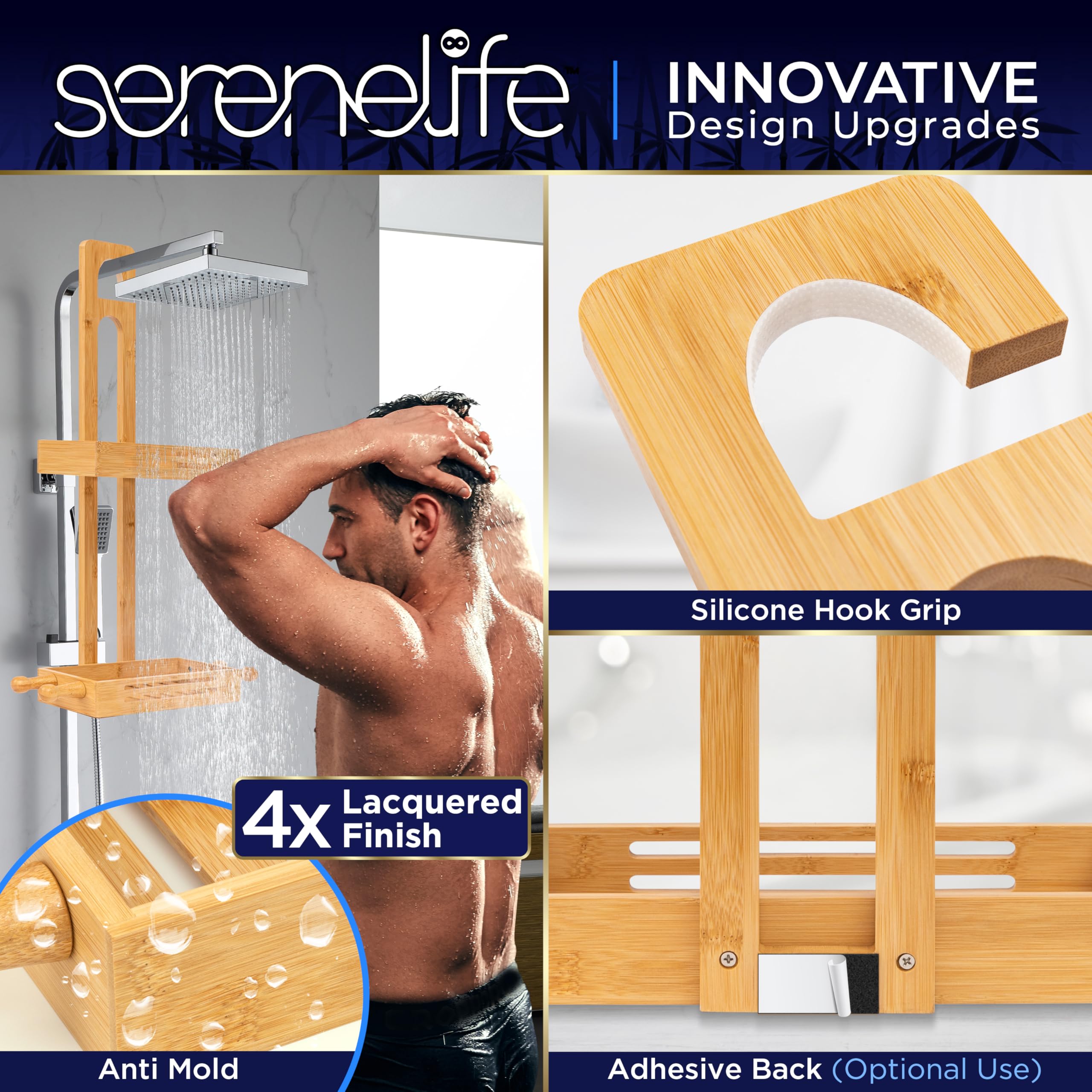 SereneLife Bamboo Hanging Shower Caddy with 2 Tiers, Anti-Slip Design for Bathroom Essentials, Self-Draining Shelves for Easy Organization