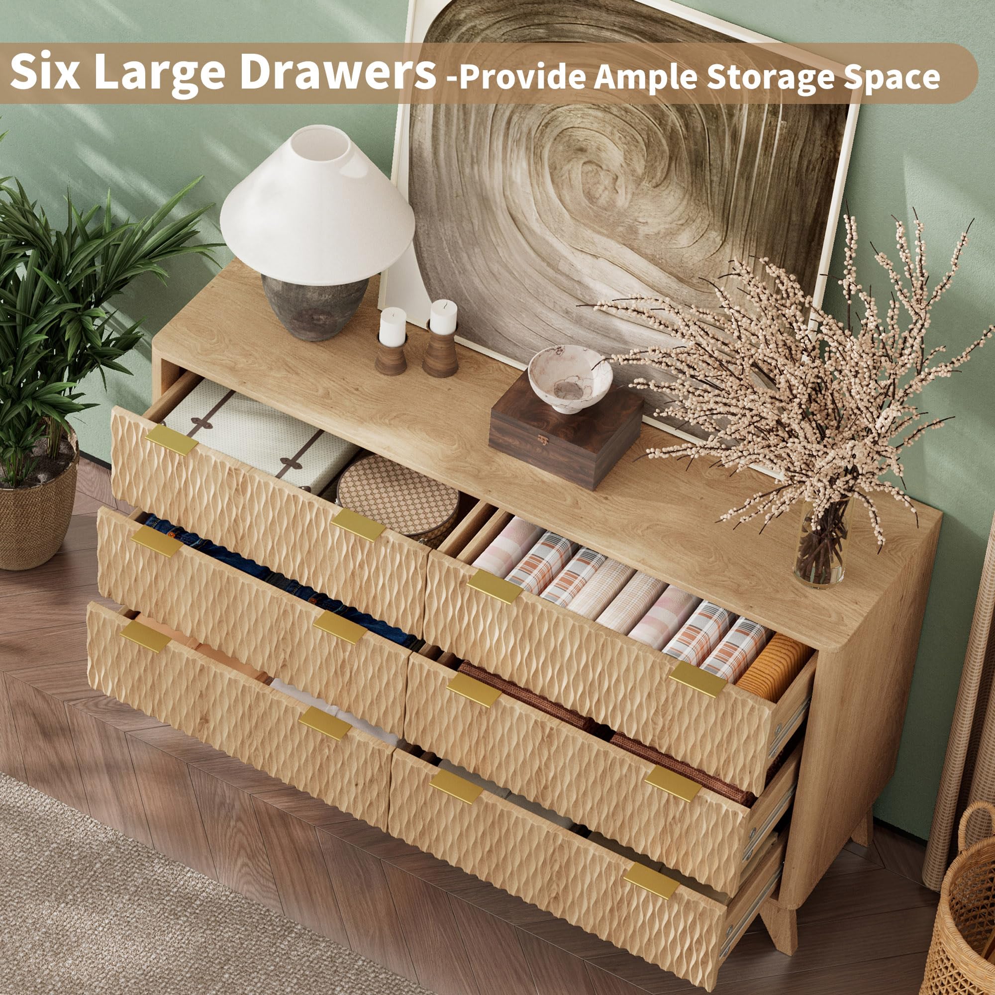 Cooday Diamond-Fluted 6 Drawers Dresser, Modern Dressers & Chests of Drawers, 54" Wide Light Wood Dresser for Bedroom, Storage Cabinet Organizer for Hallway(Natural)