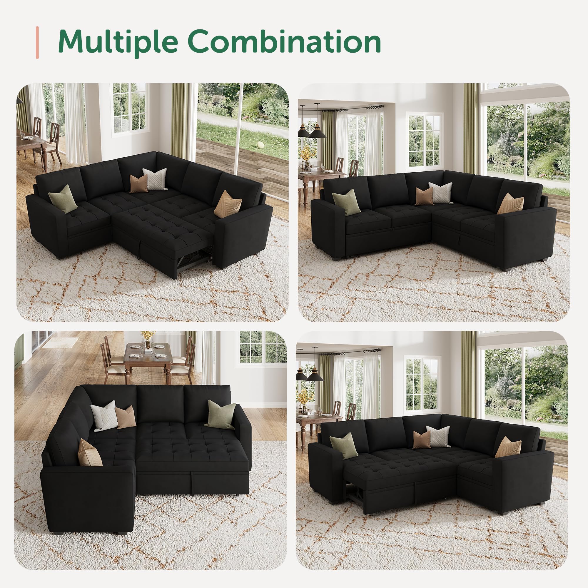 HONBAY Modular Sectional Sleeper Sofa with Pull Out Bed, Velvet Convertible L Shaped Sectional Couch with Storage Seat, Sectional Couches for Living Room, Balck