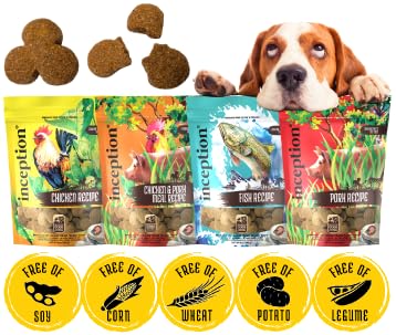 Felicia's Fabulous Finds Inception Soft & Chewy Dog Treats in 4 Flavor Bundle: 1 Chicken, 1 Fish, 1 Pork and 1 Chicken & Pork (4 Bags Total, 4 Ounces Each) Plus Shaynanigans Silicone Lid