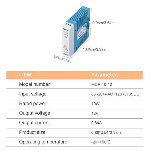 DynMach MDR-10-12 DIN Rail Mounted Power Supply - Input: 85-264VAC; Output: 12VDC, 0.84A, 10W; High Efficiency and Stability, Engineered for Small Scale Industrial Applications