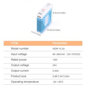 DynMach MDR-10-24 DIN Rail Mounted Power Supply - Input: 85-264VAC; Output: 12VDC, 0.42A, 10W; High Efficiency and Stability, Engineered for Small Scale Industrial Applications