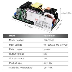 TorqCali EPP-500-36 500W 36V Open Frame Power Supply, Constant Voltage, 5"x3", Green, Industrial Grade, for Automation Equipment, Test Systems, LED Lighting