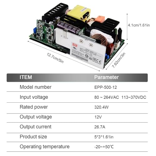 TorqCali EPP-500-12 500W 12V 41.6A Open Frame PSU, 80-264VAC, PF>0.98, 5x3, Reliable Industrial Grade for DIY Electronics, Robotics, 3D Printers, Makers